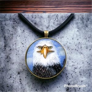 American Bald Eagle lg pendant all handpainted brass 50mm bezel w parachute cord